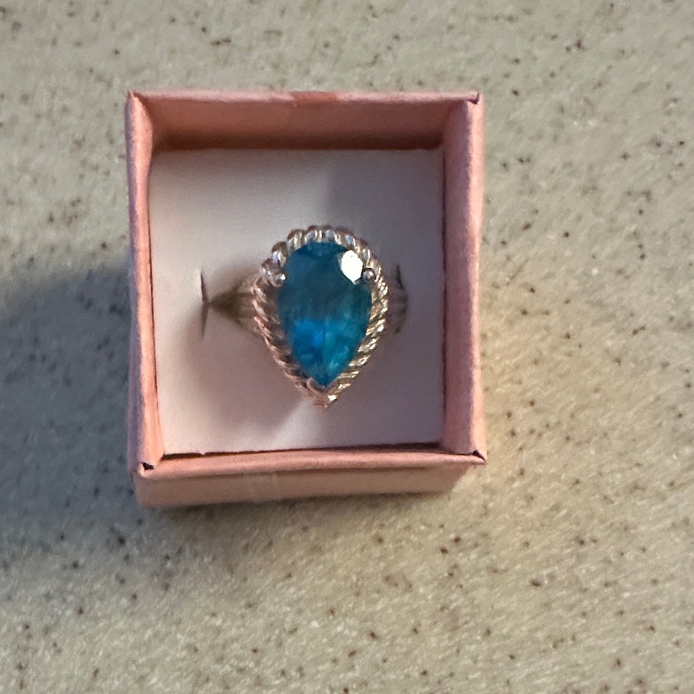 Elegant Blue Topaz Teardrop Ring , size 7.5